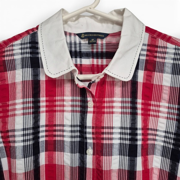 Brooks Brothers Womens Sz 12 Red Plaid Shirt Dress White Contrast Collar Belted - Picture 4 of 9
